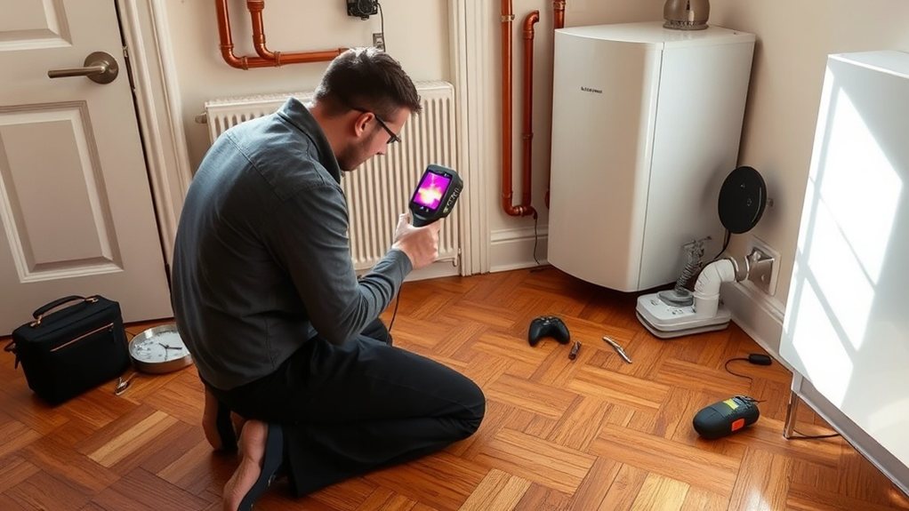 Engineer locating central heating leak using thermal imaging in Kingston upon Thames